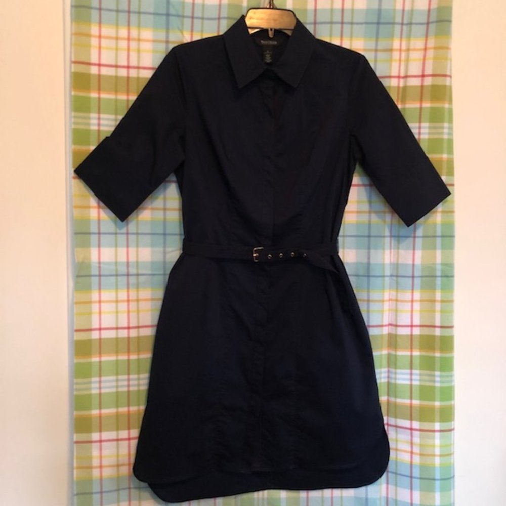 White House Black Market Navy Blue Belted Shirt Dress 8